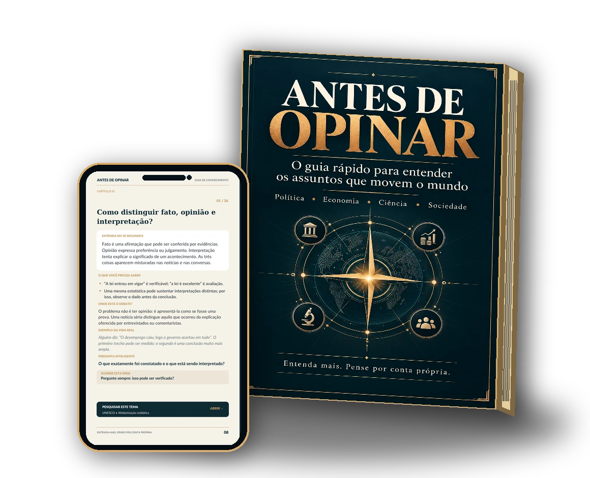 Mockup do eBook Antes de Opinar: capa oficial e uma página interna exibida no celular