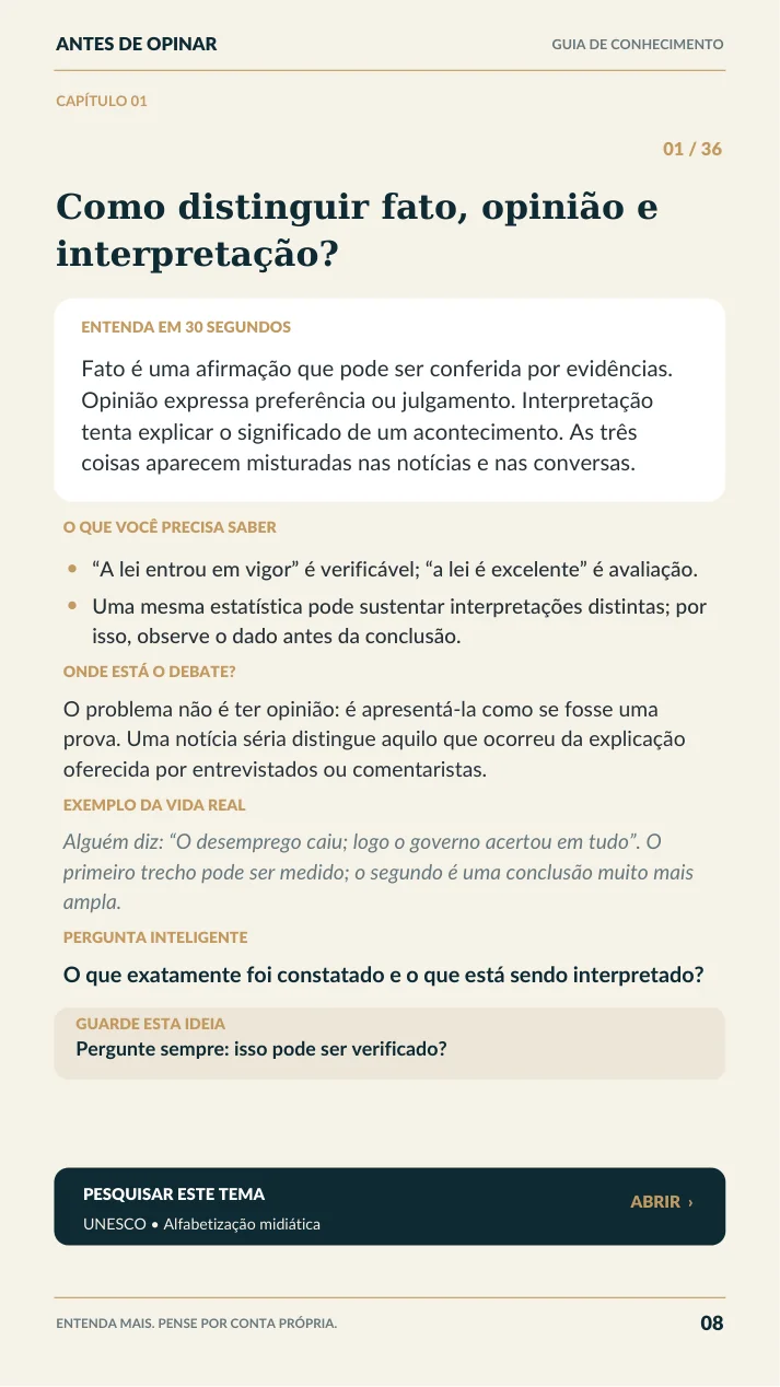 Página real do eBook: Como distinguir fato, opinião e interpretação?